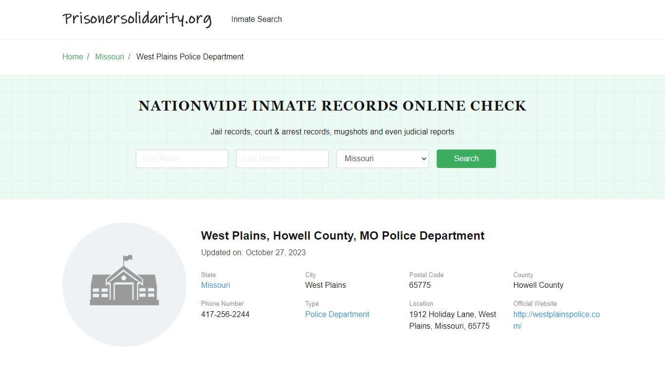 West Plains, MO Police - City Jail Inmates, Arrests